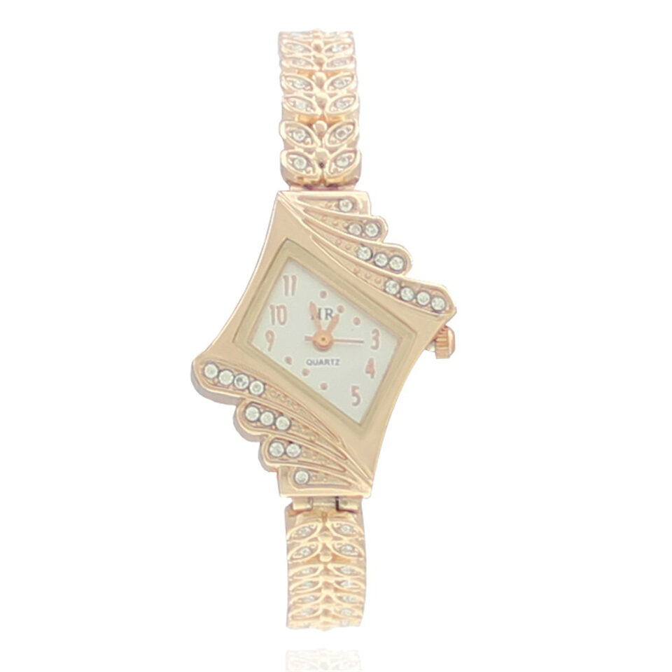 Stone Paved Wheat Shaped Metal Wristwatch for Women
