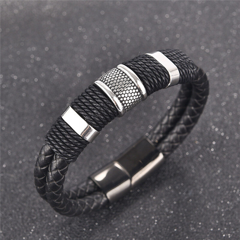 Fashion Black Braid Woven Leather Bracelet Titanium Stainless