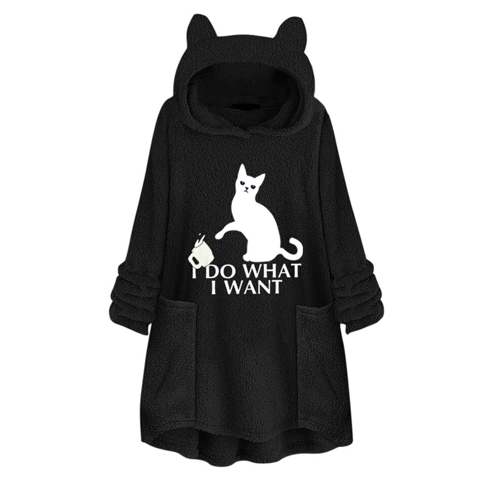Hooded Pullover Cat Print Long Sleeved Reversible Velvet