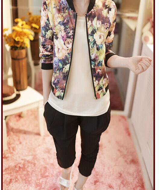 Jacket Trendy Wild Floral Zipper Stand Collar Long
