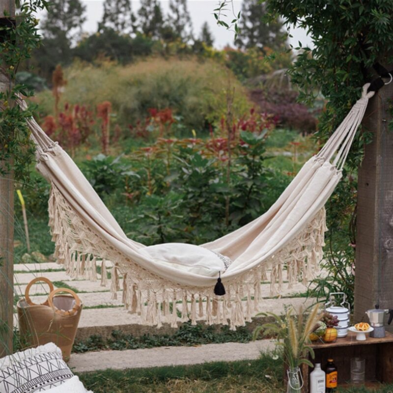 Large 2 Person Hammock Boho Style Brazilian Macrame Fringed Deluxe Double Hammock Net Swing Chair Indoor Hanging Swing