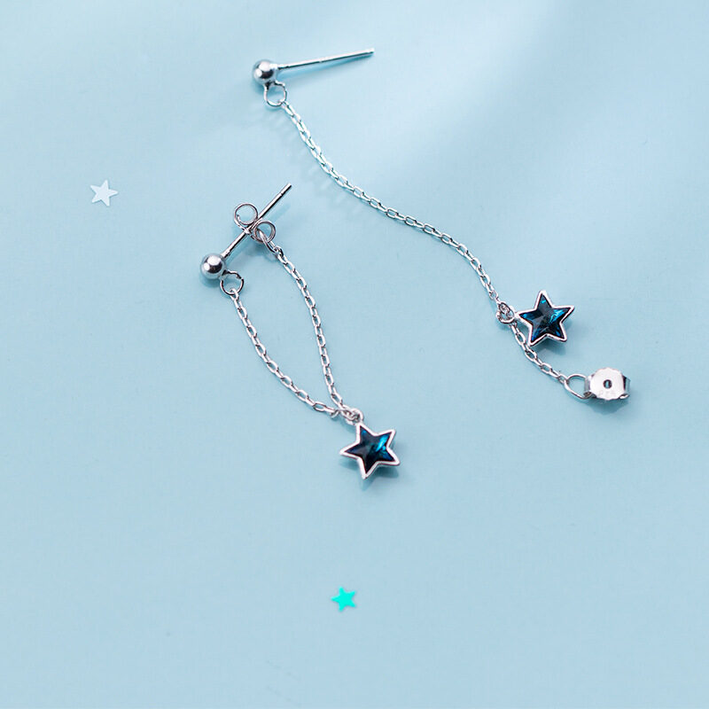 Blue diamond five-pointed star sweet back-hanging earrings
