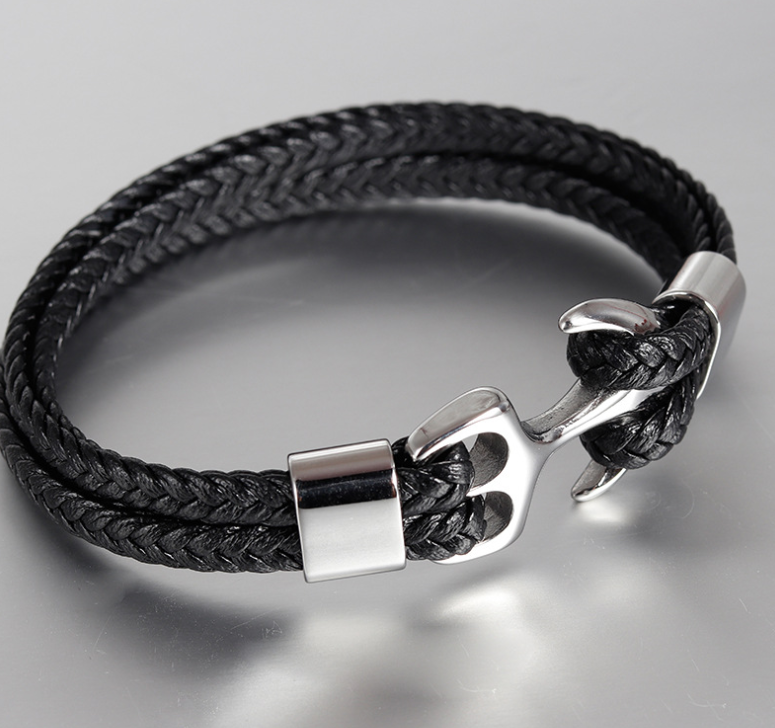 Men's Stainless Steel Anchor Bracelet Vintage Woven Leather