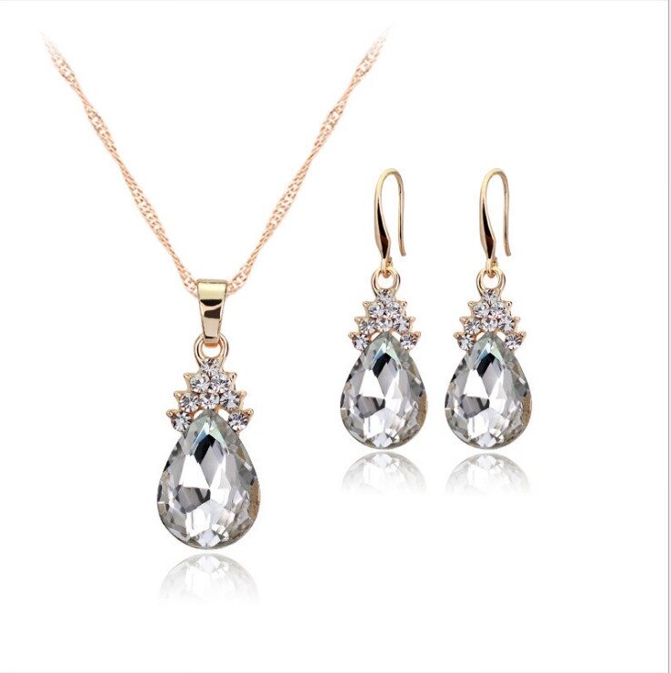 Womens Diamond Crystal Necklace Earrings Set