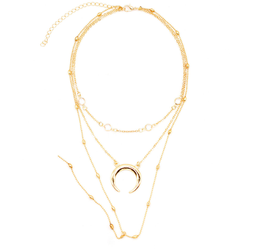 Fashion Multilayer Crescent Moon Choker Necklace With Bead