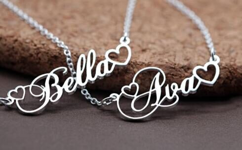 Women's Name Necklace with Double Empty Heart Nameplate