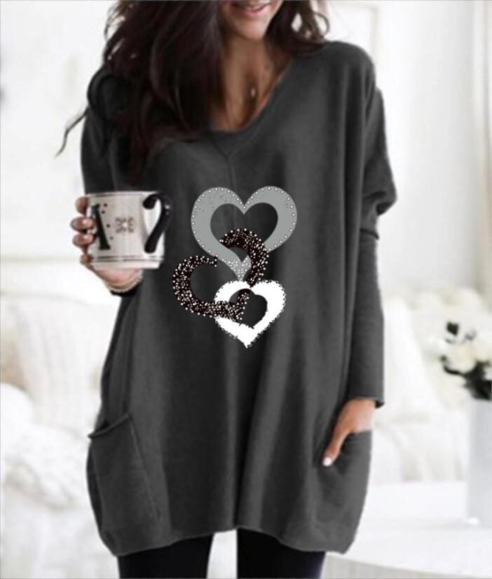 Women's Printed Pocket Round Neck Mid-leng