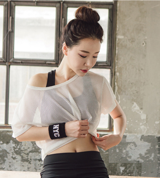 Women Yoga Shirt Hollow Out Mesh Blouse Crop