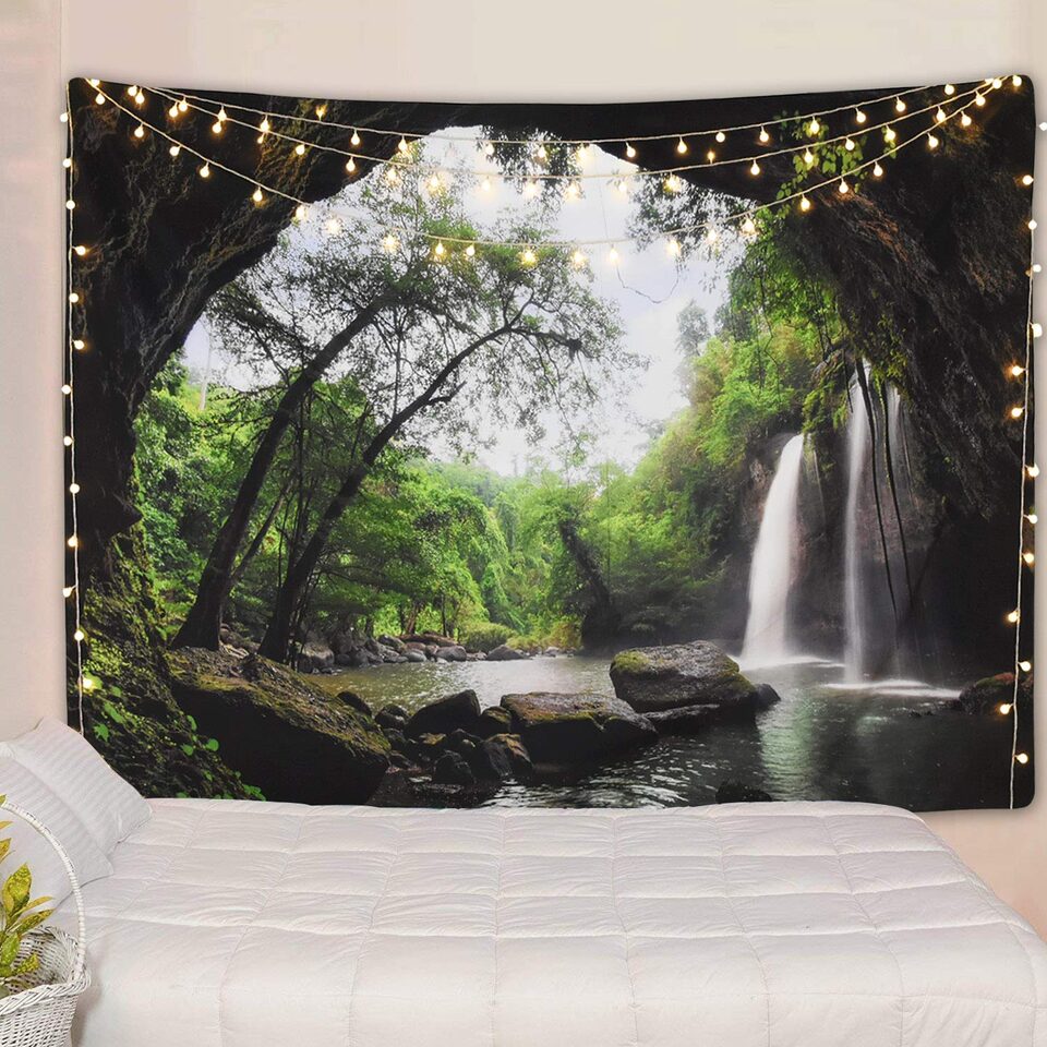 Beautiful Cave Waterfall Print Wall Hippie Tapestry Polyester