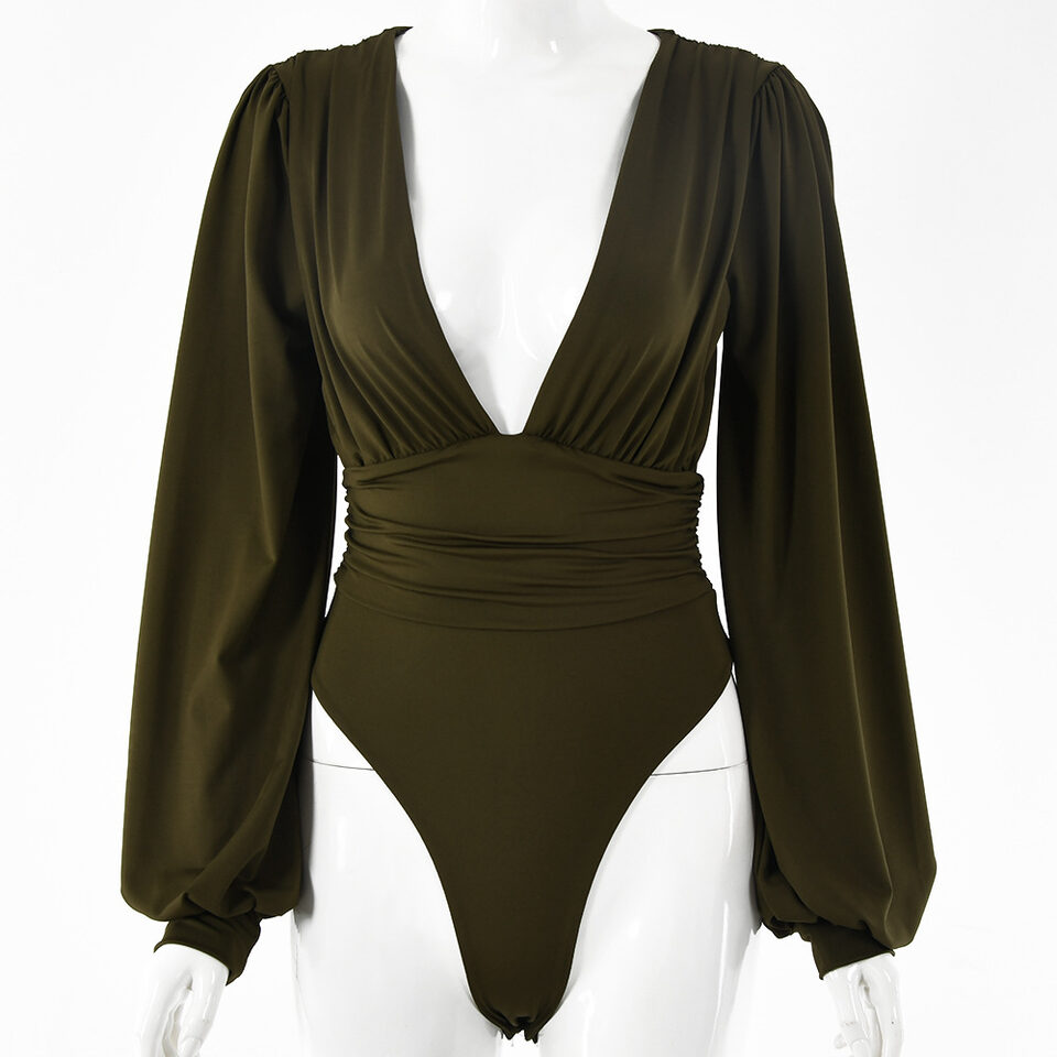 Women's sexy long-sleeved deep V waist pleated temperament