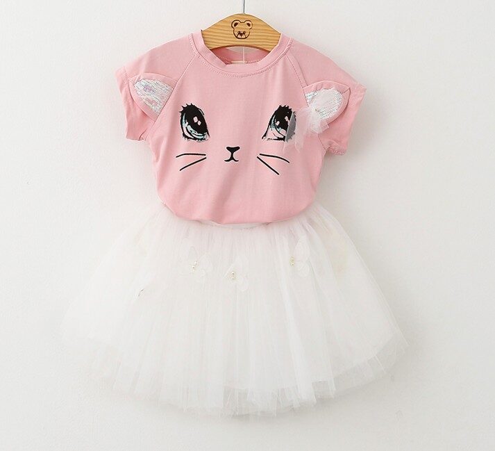 New Girls Kids Cute Child Cat Short Sleeve
