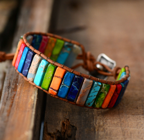 Colored Imperial Stone Hand-woven Single-layer Leather Bracelet Creative