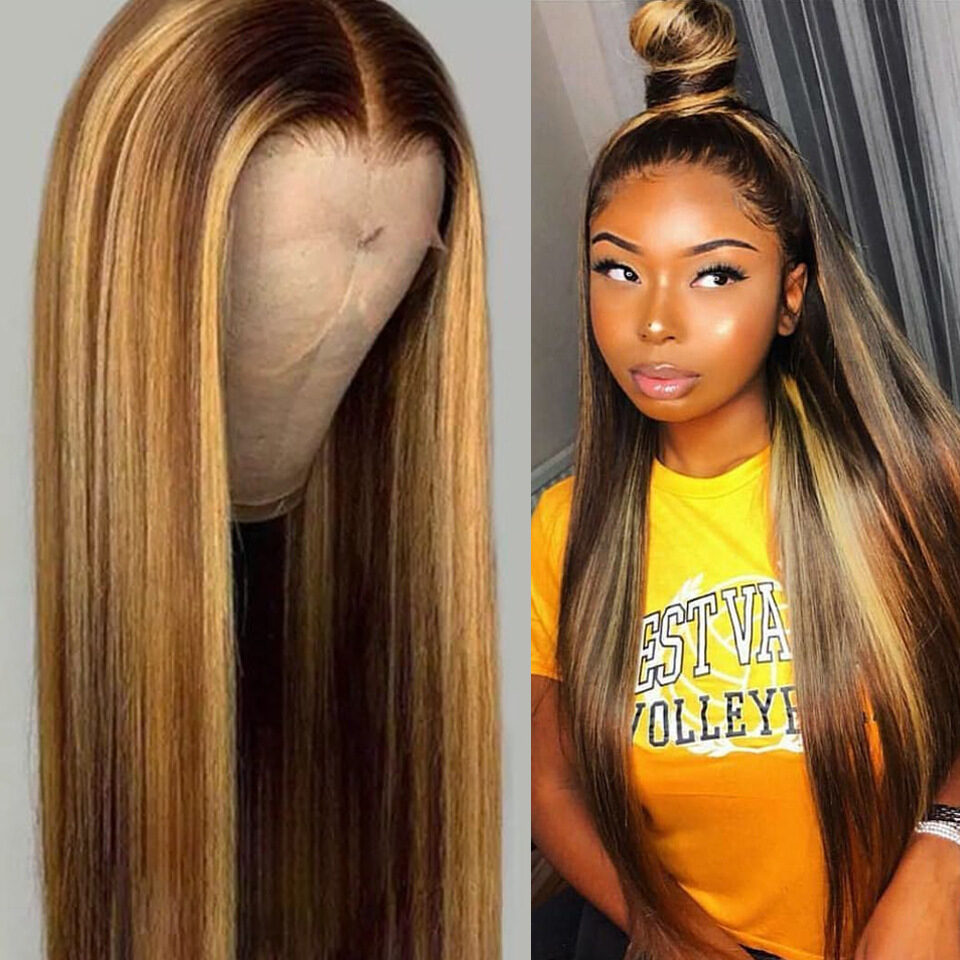 Mid-length straight hair brown pick golden long synthetic