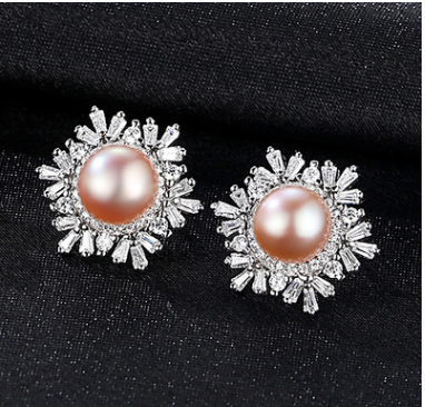 Sterling Silver Snowflake Stud Earrings Korean Gemstone Pearl