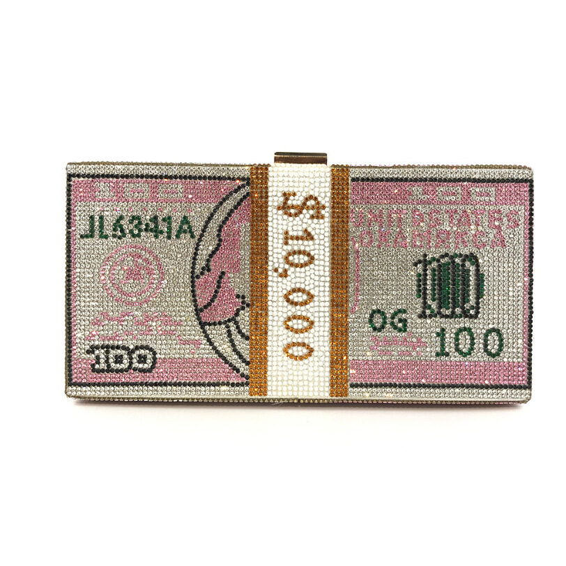 Women Crystal Diamond Cash Dollars Clutch Purses Chain