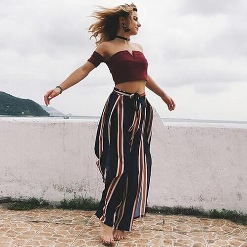 Women's pants fashion striped sexy split wide-leg casual