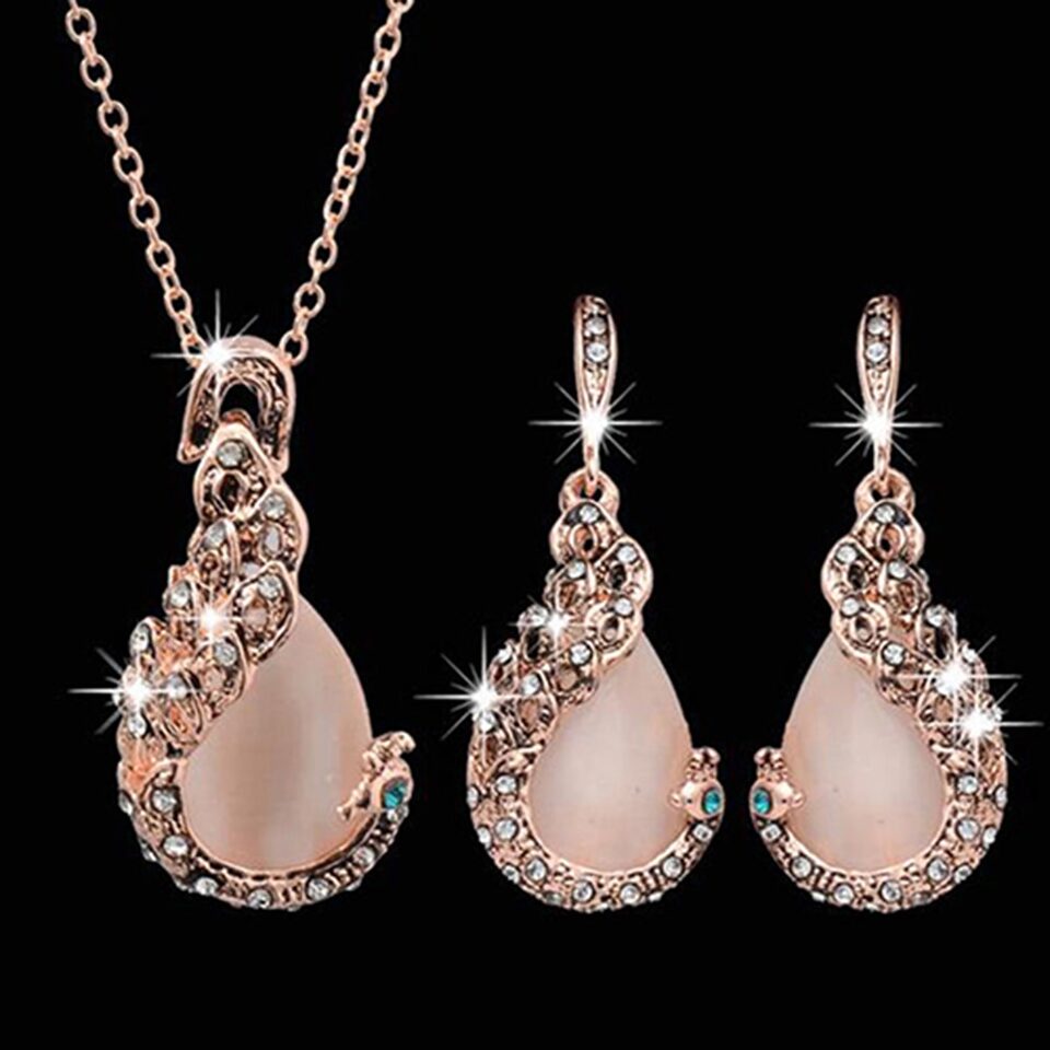 Women Elegant Waterdrop Rhinestone Pendant Necklace Hook Earrings