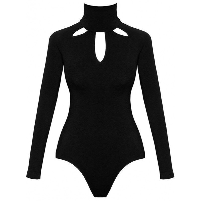 Black Cutout Long Sleeve Slim Sexy Solid Color