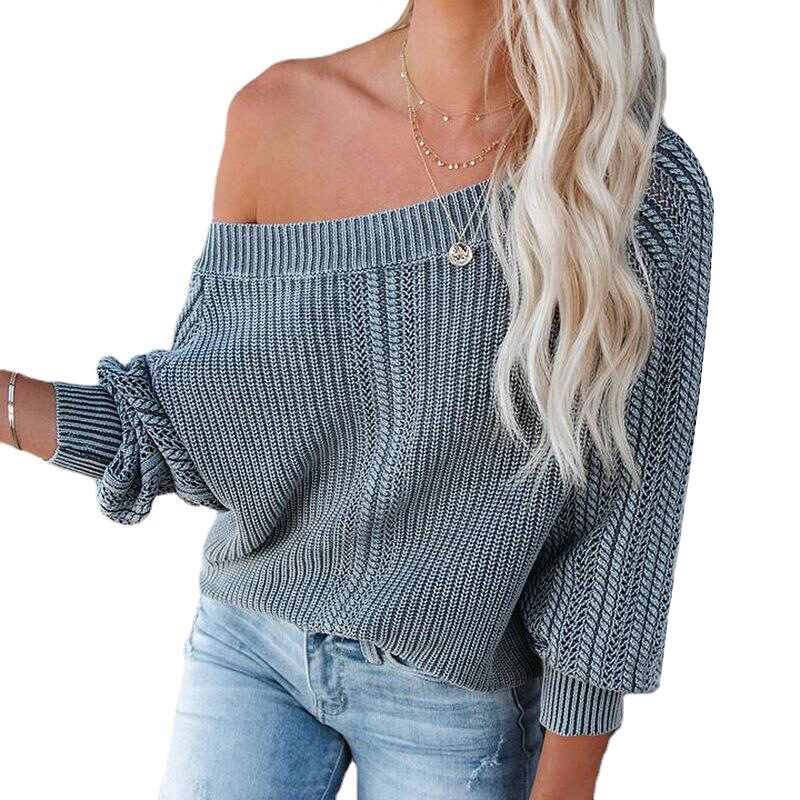 Solid Color Loose V-neck Lantern Sleeve Long Sweater