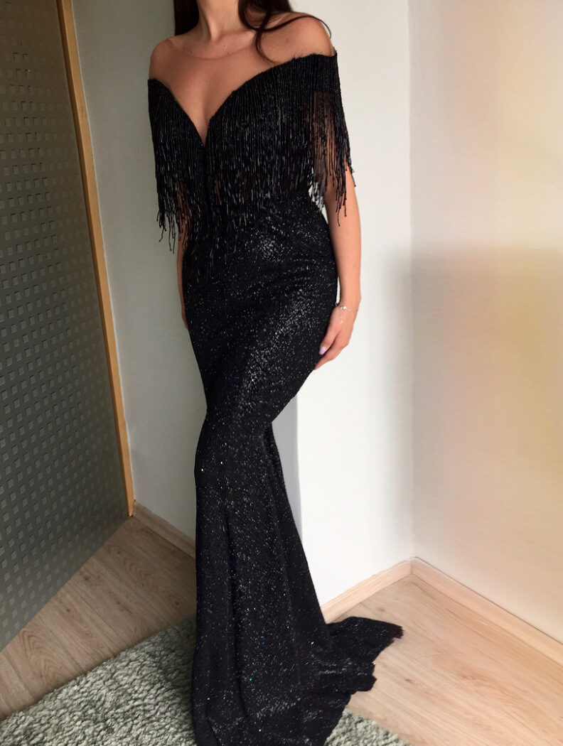 sexy black sequins V-neck sleeveless slim dress long