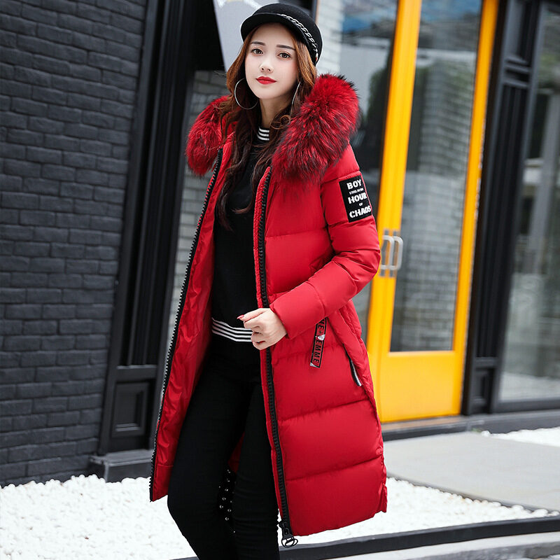 Long cotton jacket hooded big fur collar down