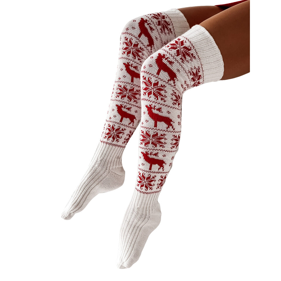 Women Long Socks Christmas Knitted Cotton Woolen Stocking