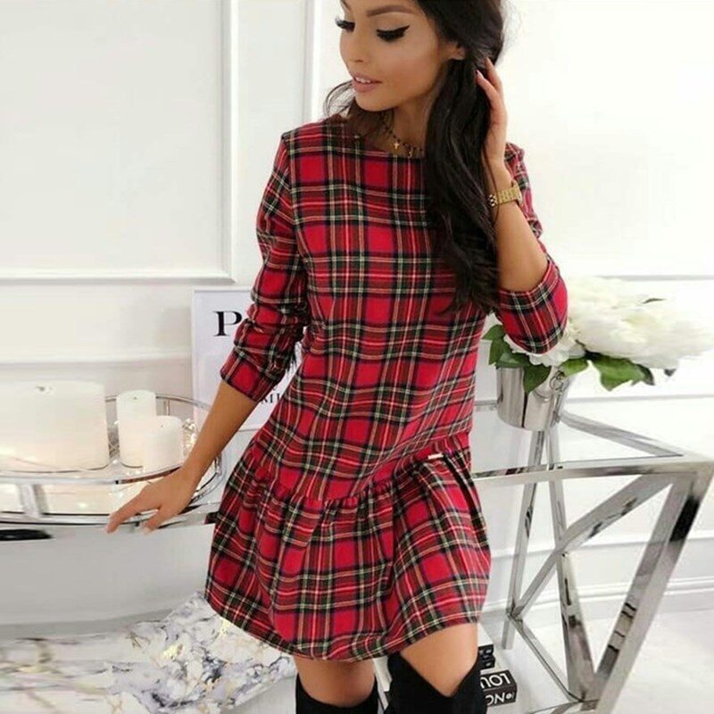 Long Sleeve Plaid Midi Casual Knee Length Dress