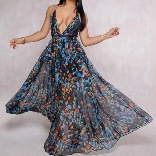 European and American deep V-neck back chiffon dress