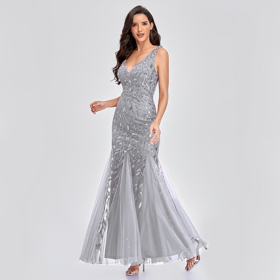Sexy Long Dress Sleeveless V-neck Embroidered Sequin Slim