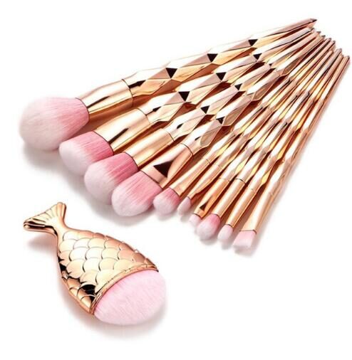 11Pcs Diamond Rose Gold Makeup Brushes Set Mermaid