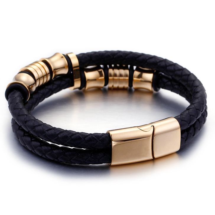 Gold Color Stainless Steel Leather Bracelet Men Black
