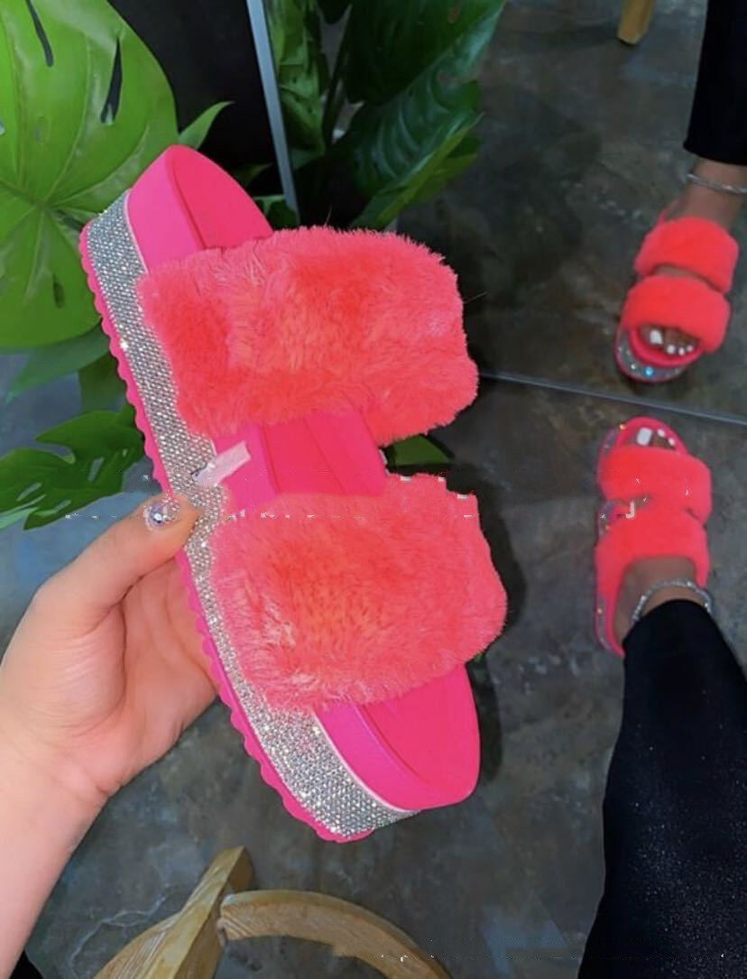 Women Bling Fluffy Slippers Fur Slides Platform Wedges