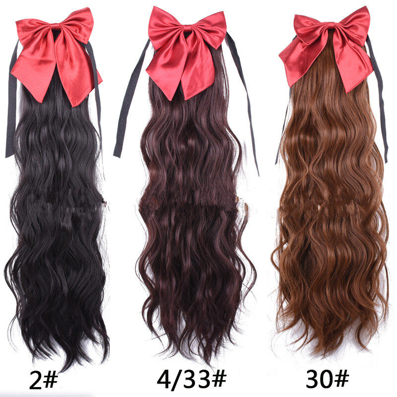 Red Bow Ponytail Wig Women''s Long Hair Ribbon