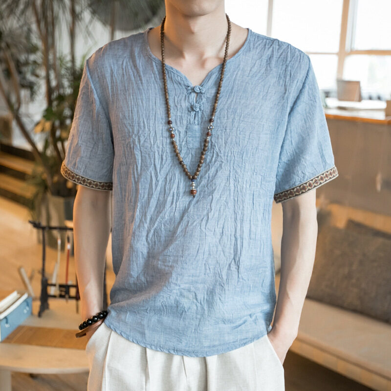 Chinese style embroidery buckle short sleeves Thin section