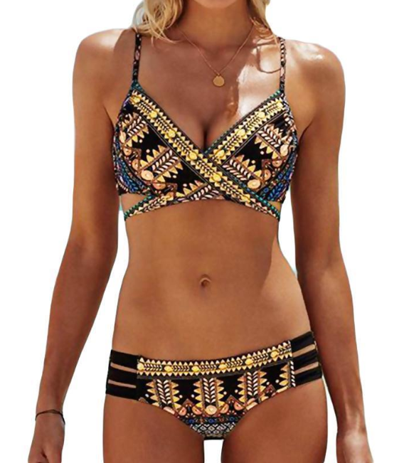 Chest cross straps ethnic style print sexy bikini
