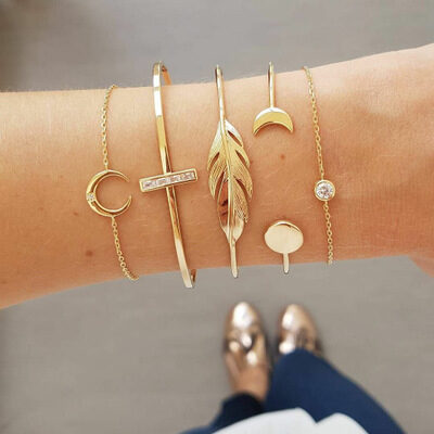 Trendy Gold Silver Crystal Leaf Moon Arrow Cat