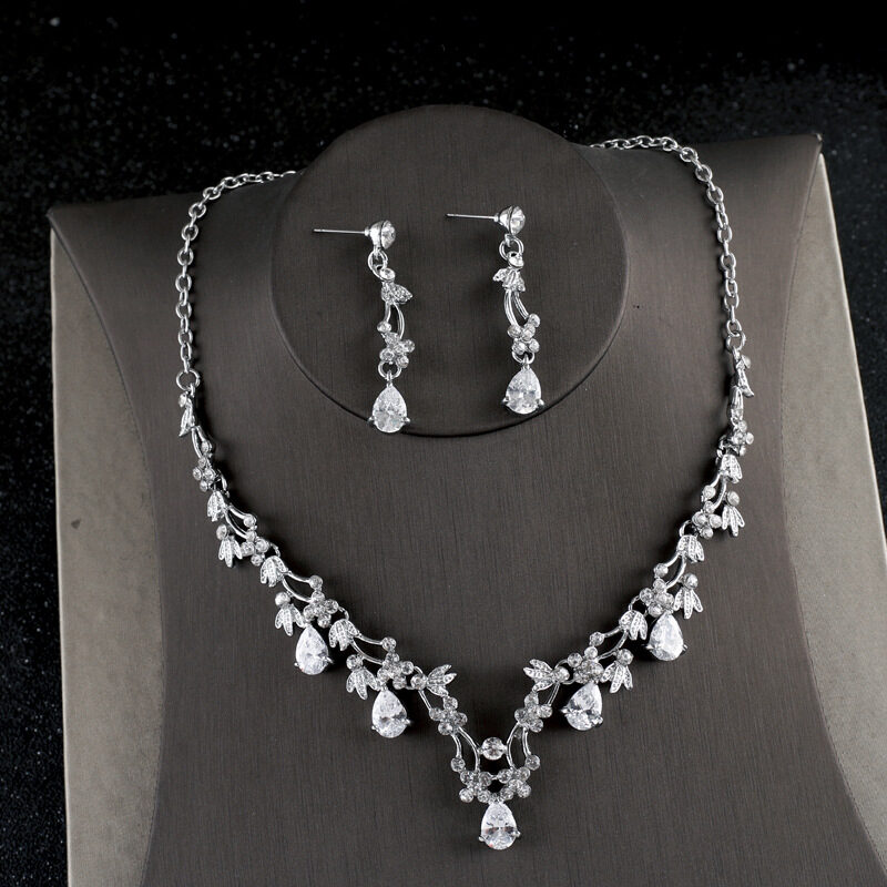 Simple Zircon Necklace Earrings Korean Bride Wedding set
