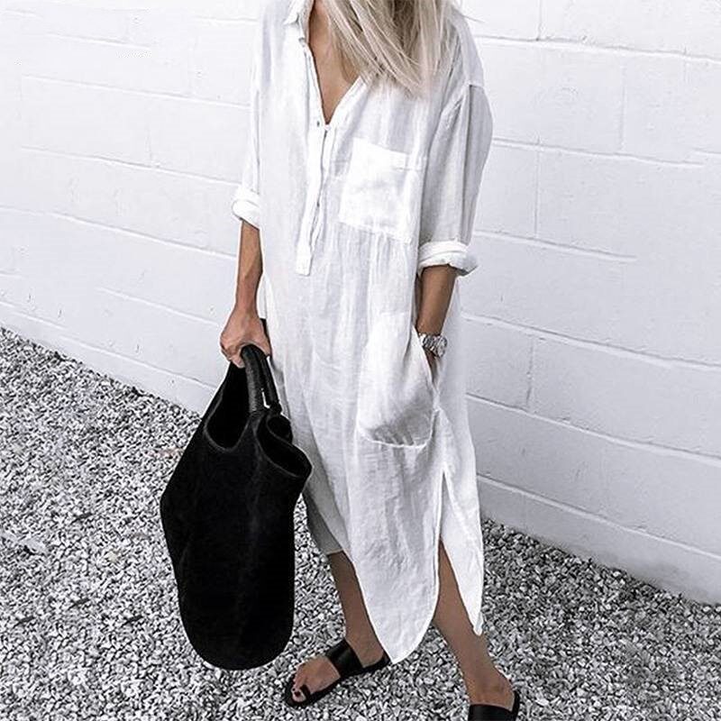 Elegant Solid Color Slit Dress Long Shirt